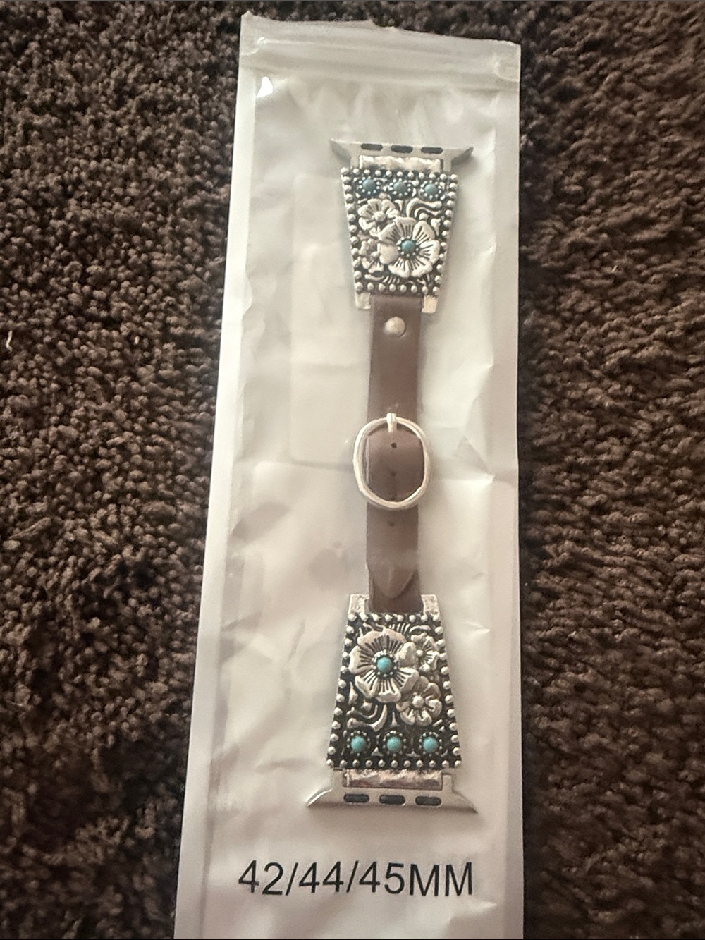 Silver Floral Turquoise Accent Apple Watch Band Adapter Strap - Brown